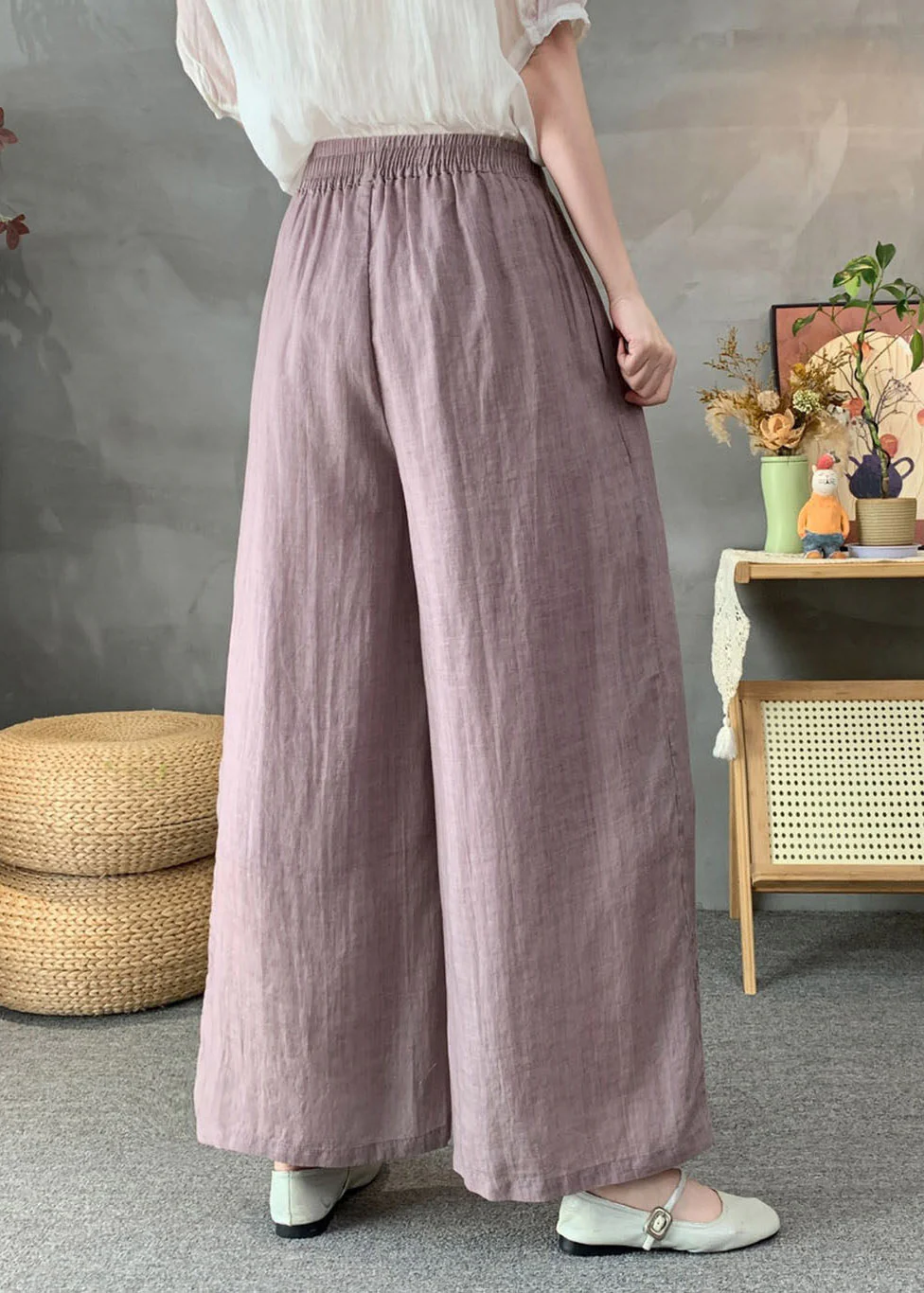 Handmade White Elastic Waist Tie Waist Linen Wide Leg Pants Summer - Image 5