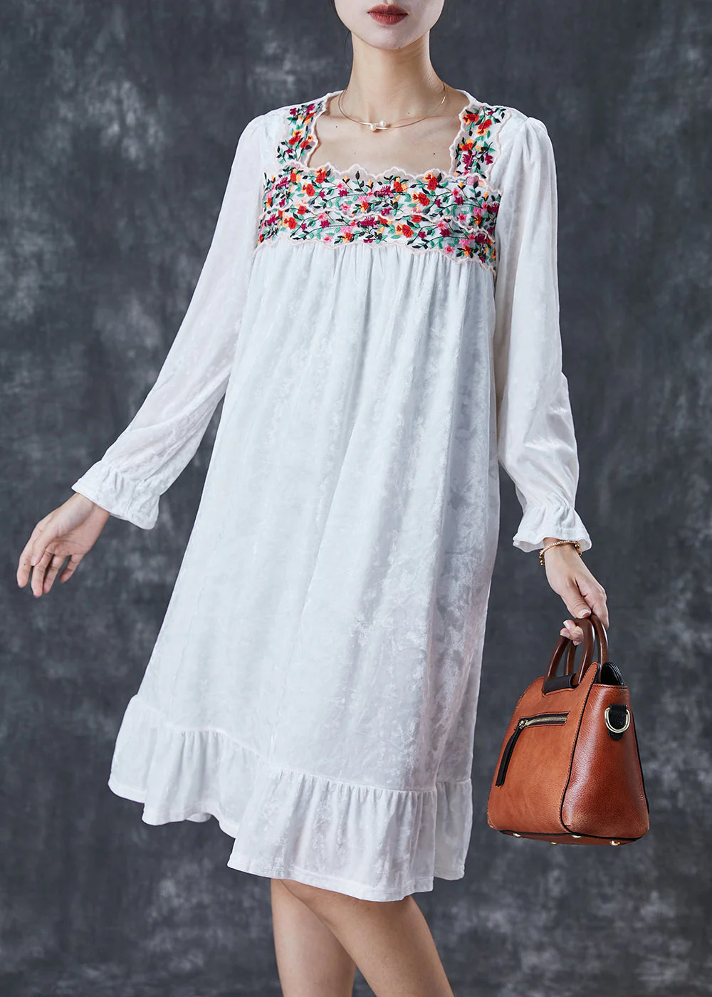 Handmade White Embroidered Silk Velour Holiday Dress Fall - Image 2