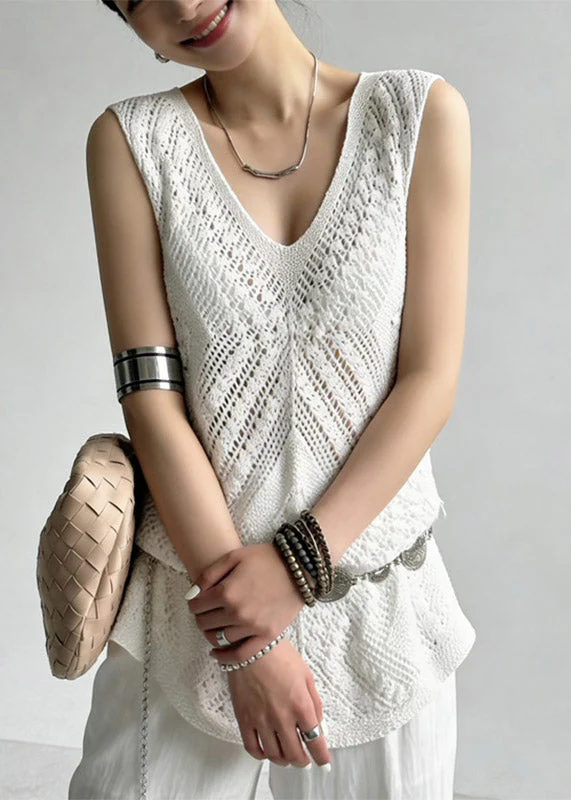 Handmade White Hollow Out Knit Beach Vest Summe - Image 3