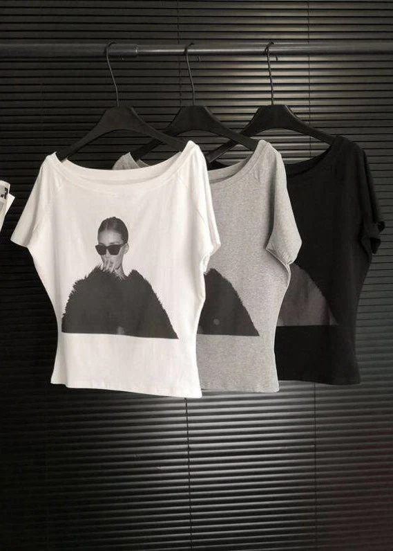 Handmade White O-Neck Belle Print T Shirt Summer