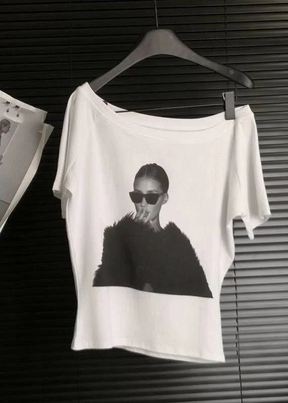 Handmade White O-Neck Belle Print T Shirt Summer - Image 2