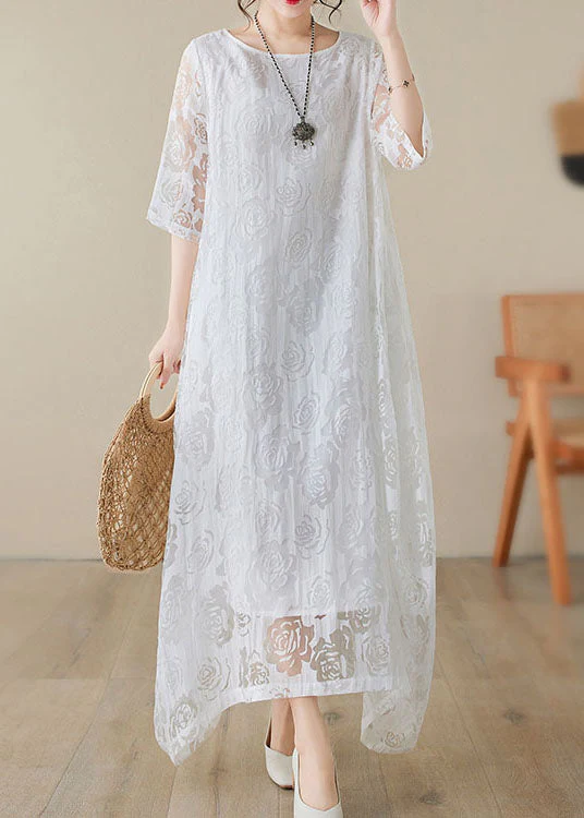 Handmade White O Neck Hollow Out Lace Dress Summer - Image 2