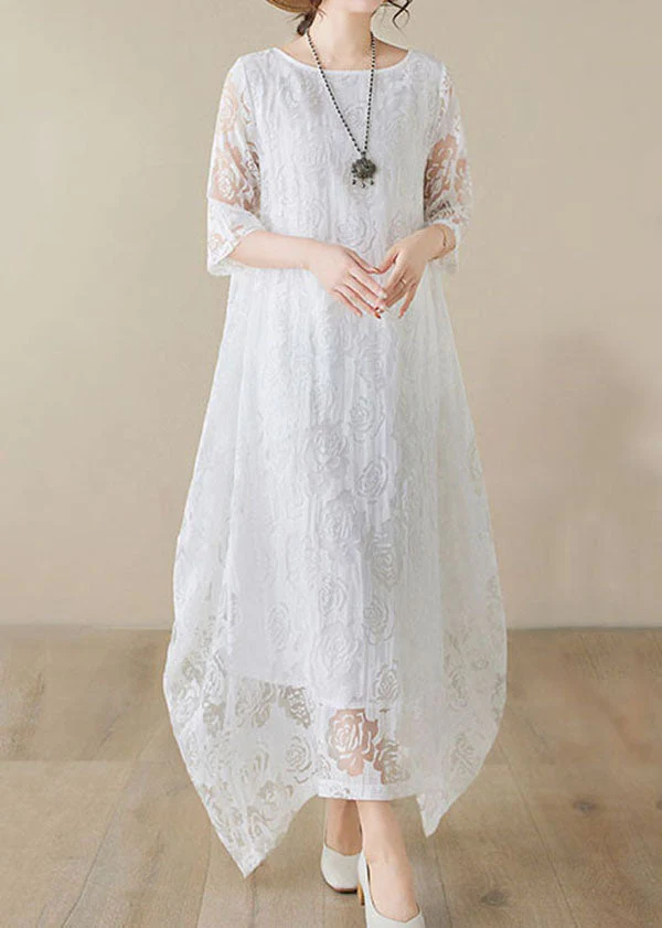 Handmade White O Neck Hollow Out Lace Dress Summer - Image 3