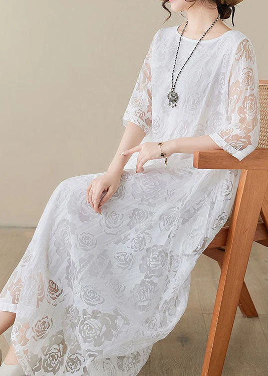 Handmade White O Neck Hollow Out Lace Dress Summer - Image 4