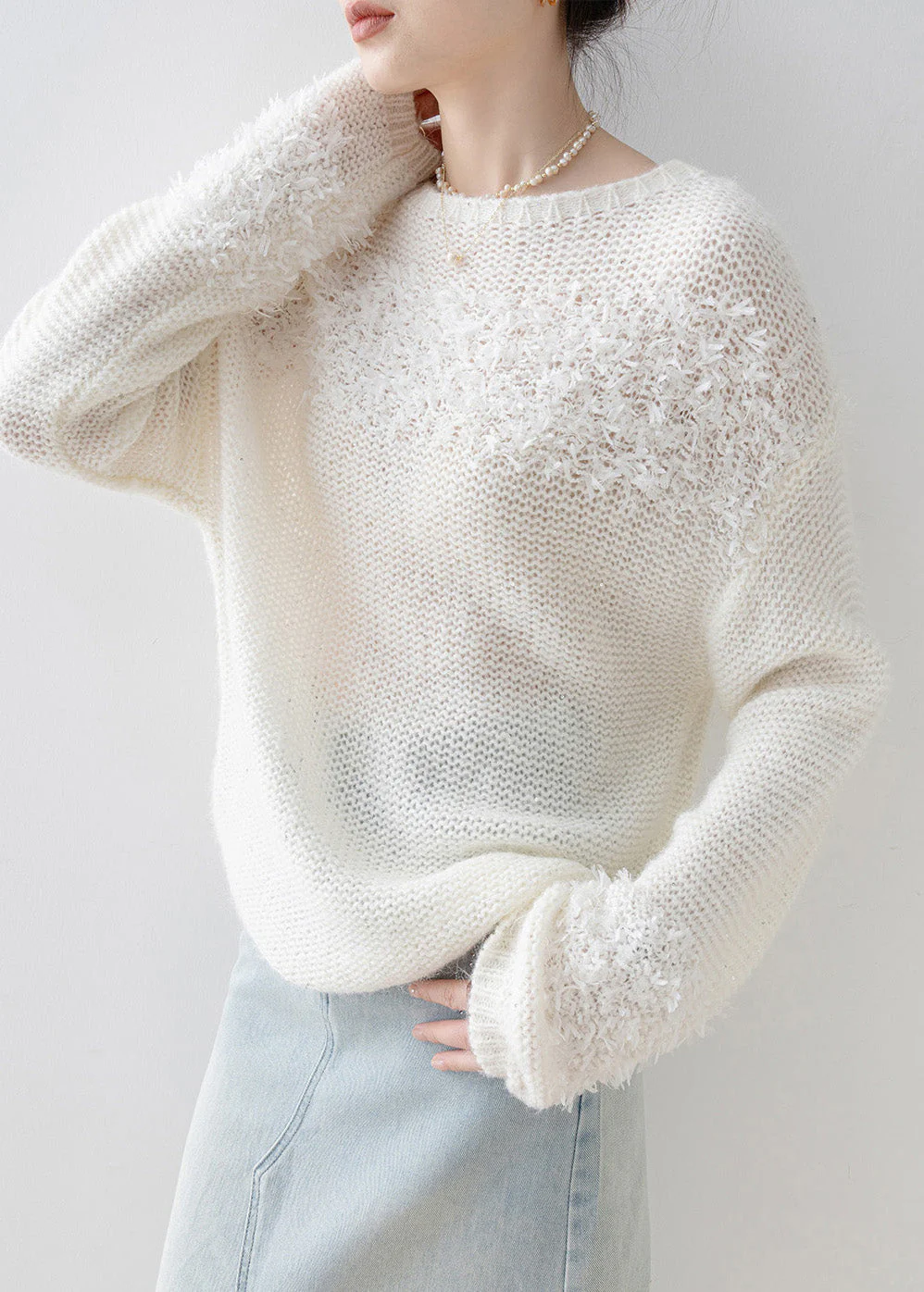 Handmade White O Neck Sequins Knitted Tops Spring - Image 2