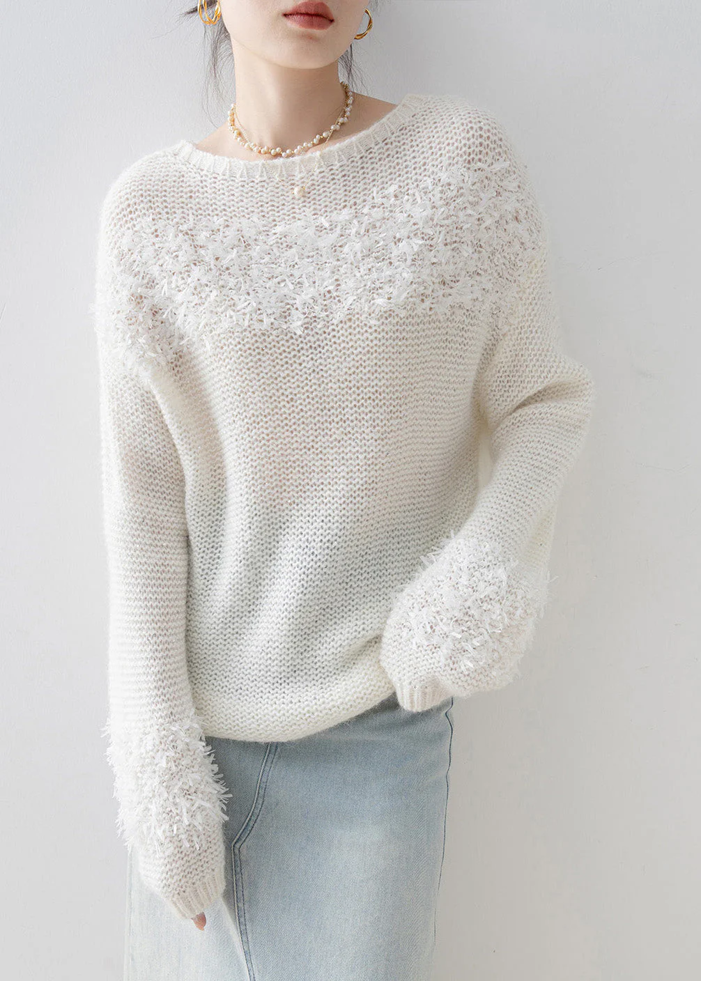 Handmade White O Neck Sequins Knitted Tops Spring - Image 3