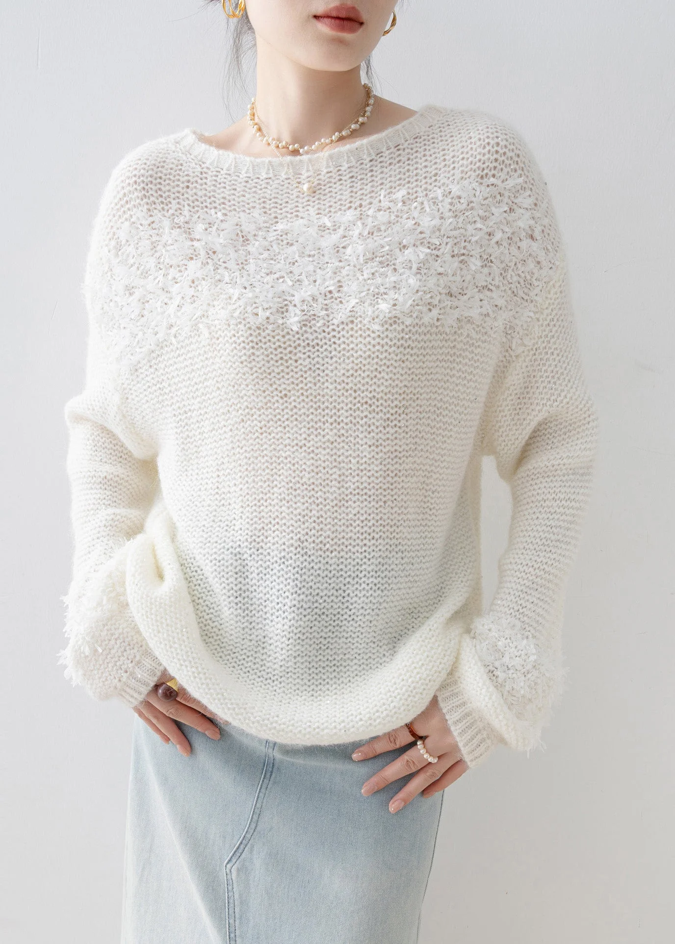 Handmade White O Neck Sequins Knitted Tops Spring - Image 4