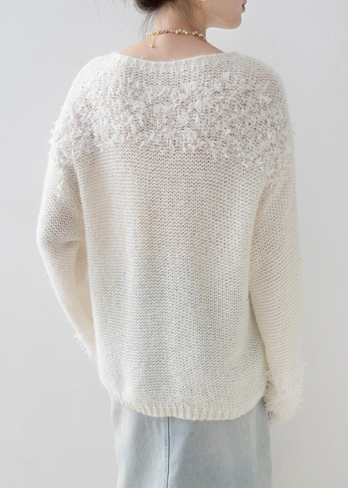 Handmade White O Neck Sequins Knitted Tops Spring - Image 5