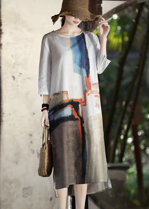 Handmade White O-Neck Side Open Tie Dye Cotton Holiday Dress Summer - Image 2