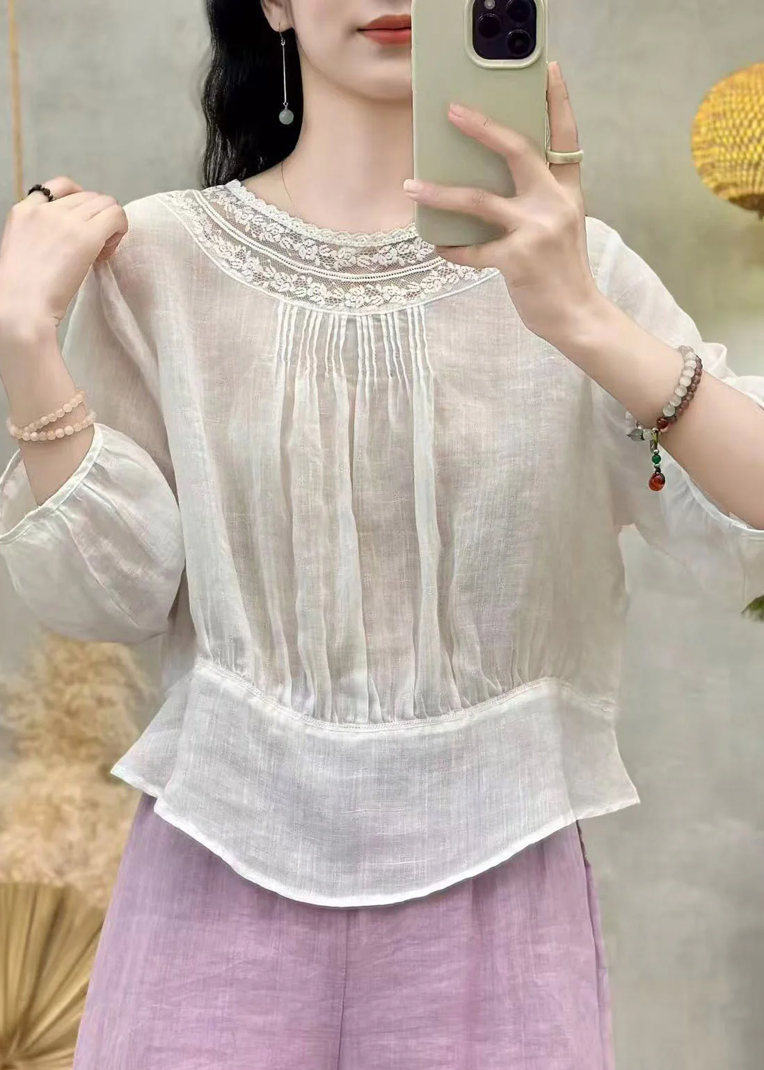 Handmade White O-Neck Wrinkled Solid Linen Top Summer