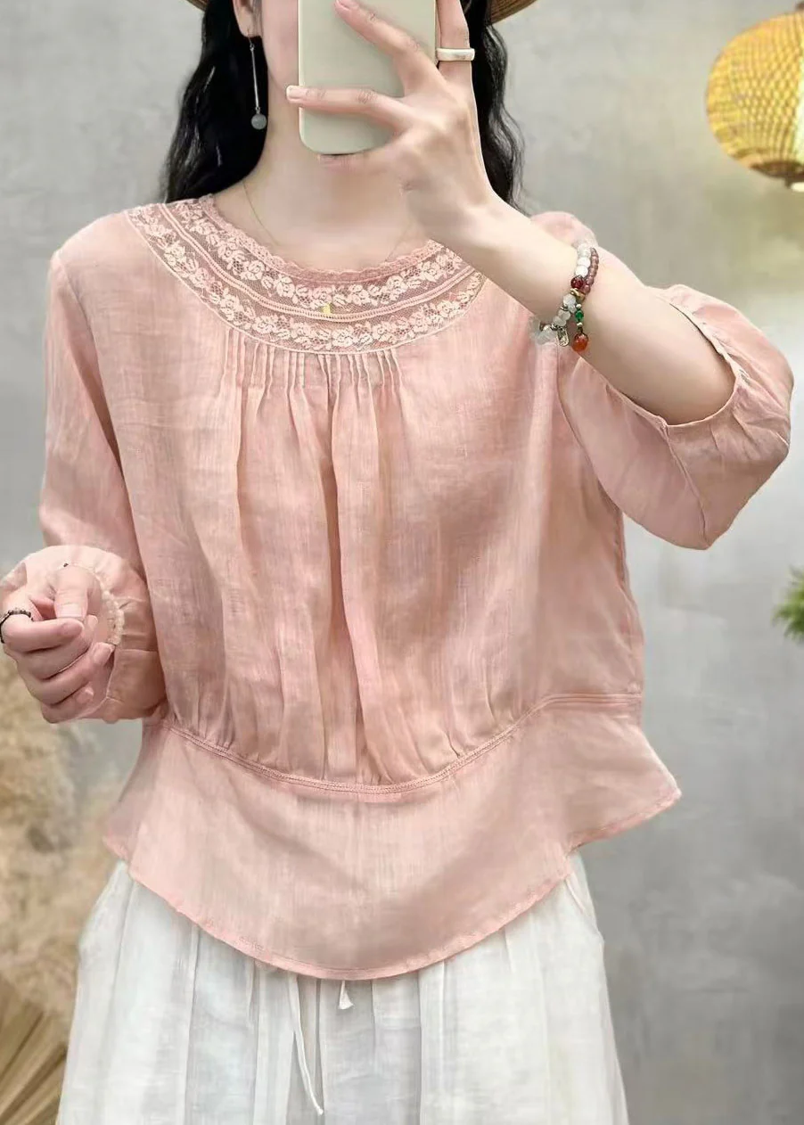 Handmade White O-Neck Wrinkled Solid Linen Top Summer - Image 2