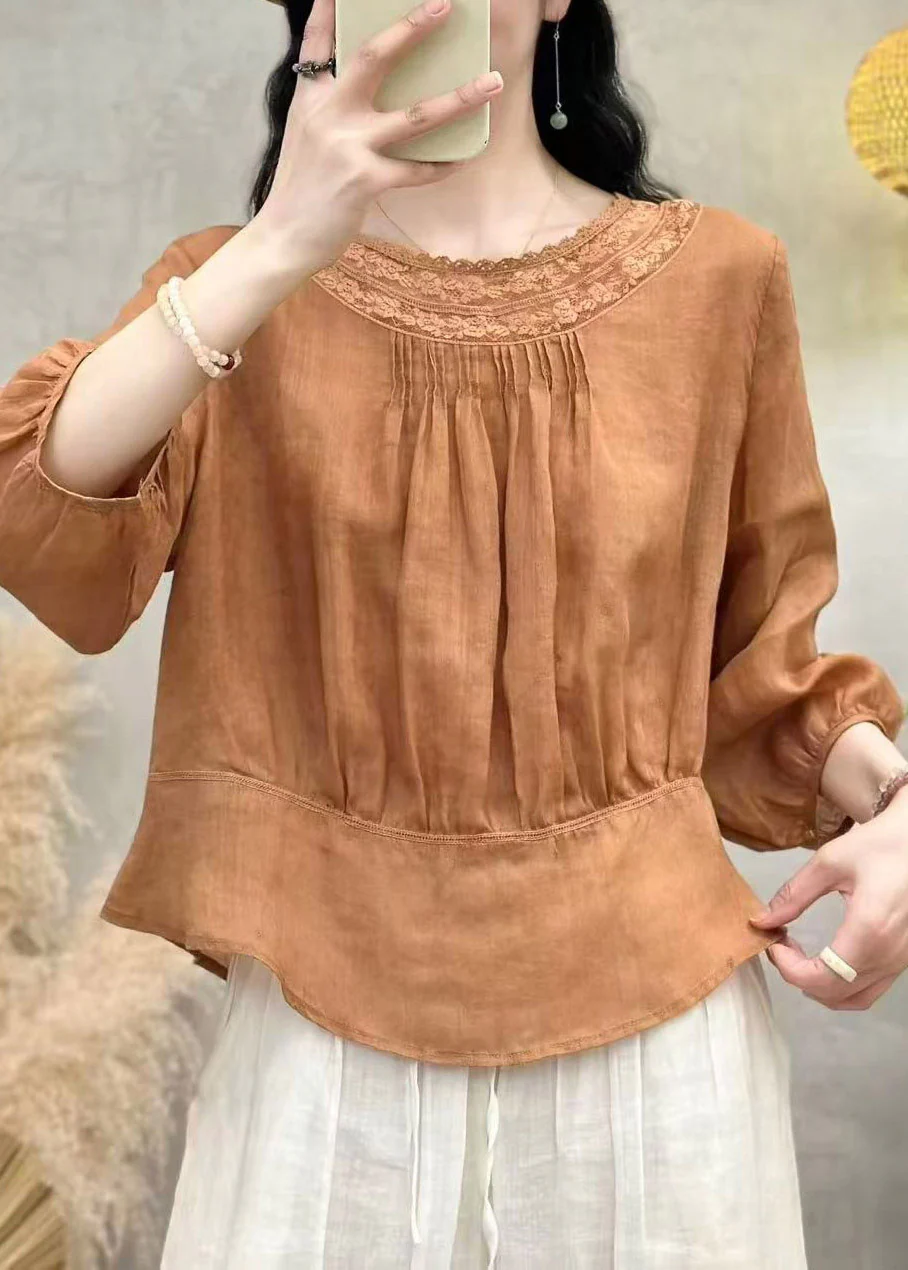 Handmade White O-Neck Wrinkled Solid Linen Top Summer - Image 3