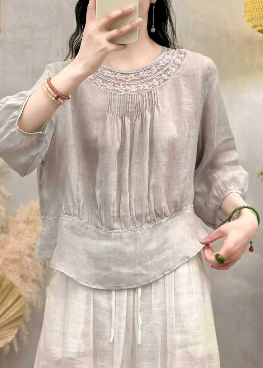 Handmade White O-Neck Wrinkled Solid Linen Top Summer - Image 4