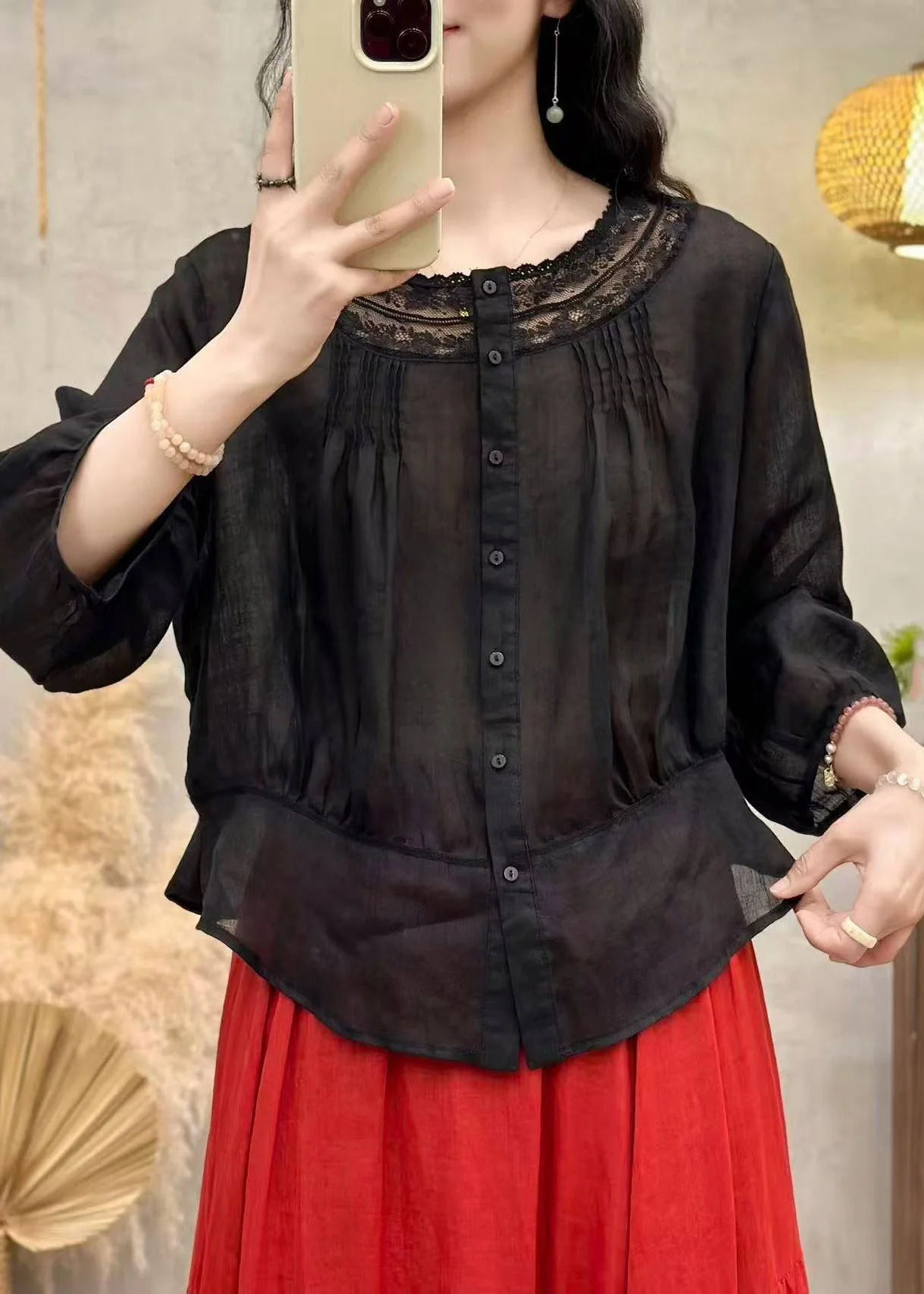 Handmade White O-Neck Wrinkled Solid Linen Top Summer - Image 5