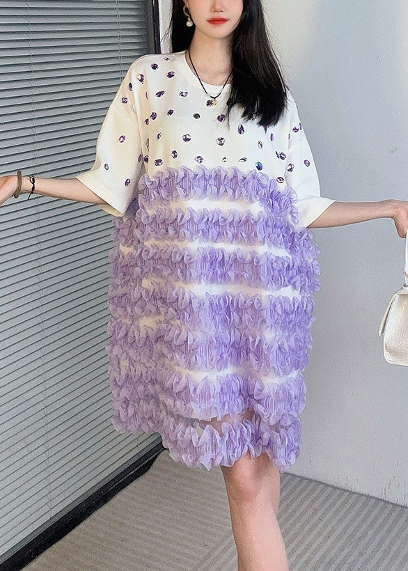 Handmade White O Neck Zircon Patchwork Mid Dress Summer - Image 2