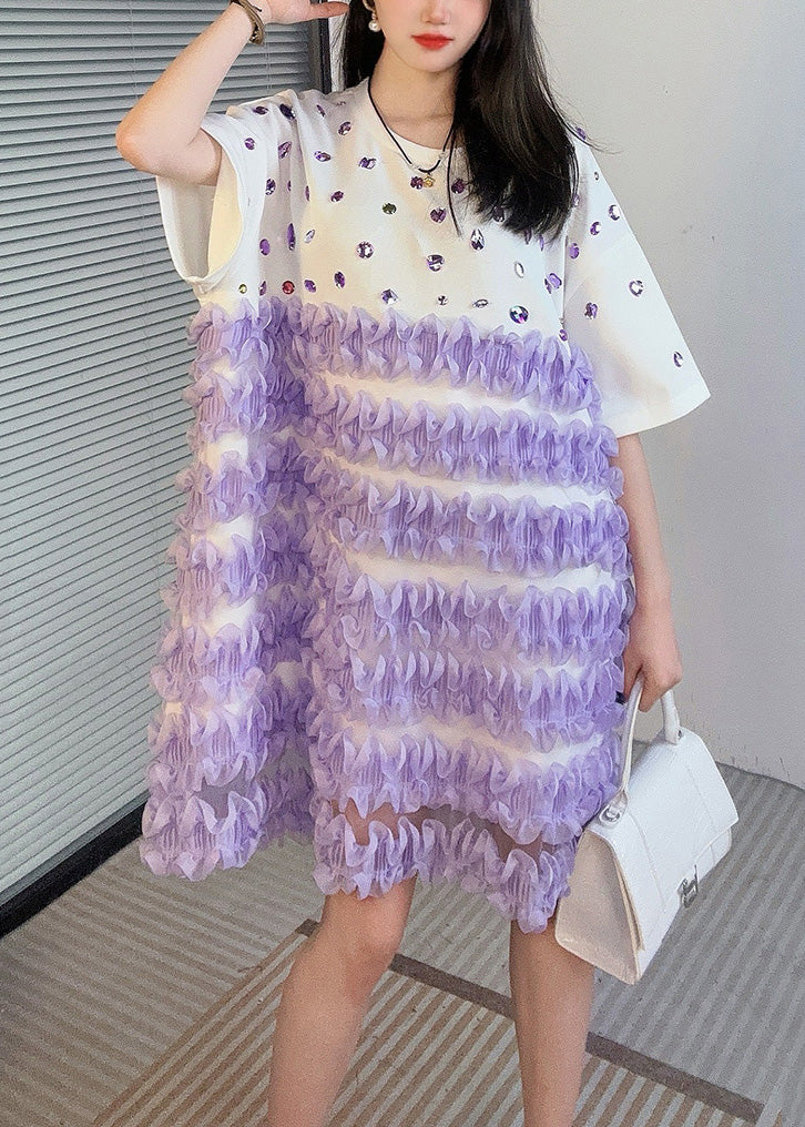 Handmade White O Neck Zircon Patchwork Mid Dress Summer - Image 3