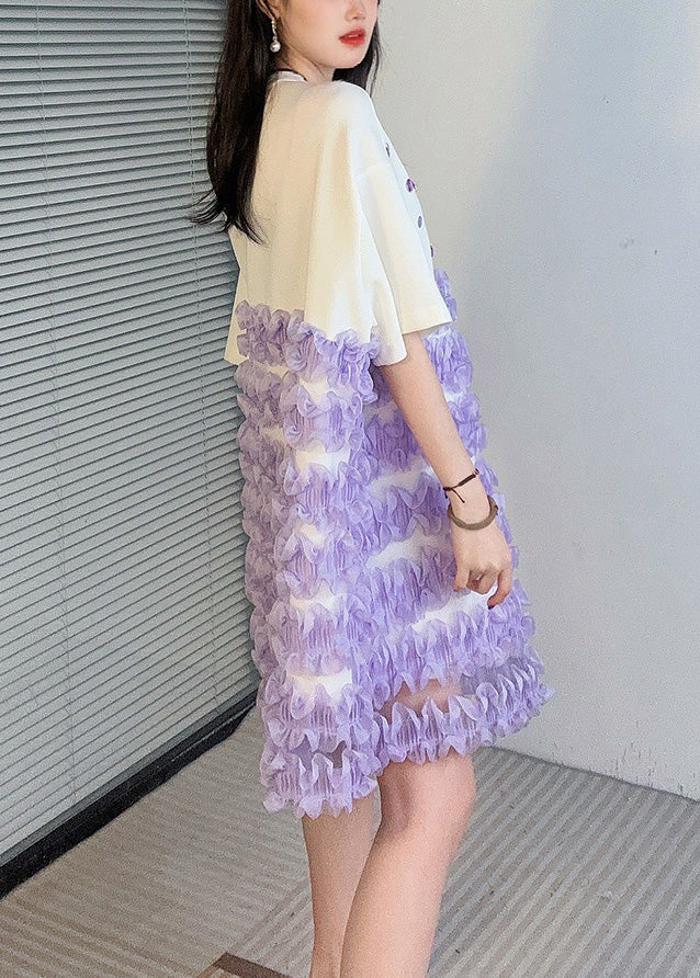 Handmade White O Neck Zircon Patchwork Mid Dress Summer - Image 4