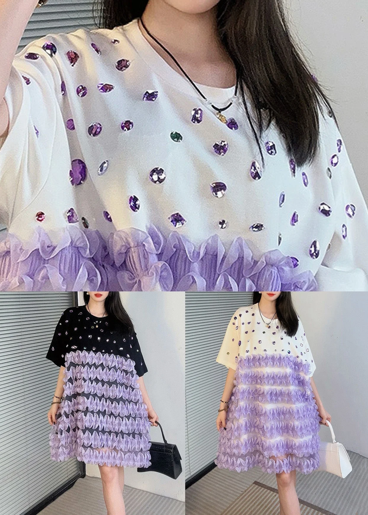 Handmade White O Neck Zircon Patchwork Mid Dress Summer - Image 5