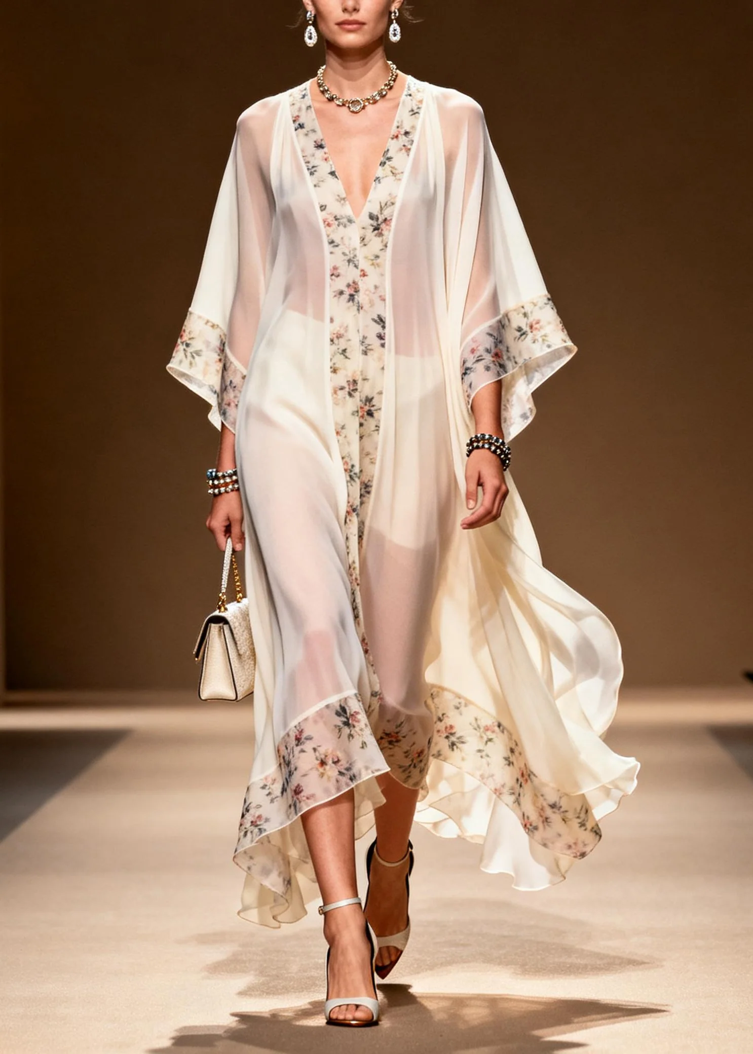 Handmade White Oversized Patchwork Print Chiffon Dress Summer - Image 3