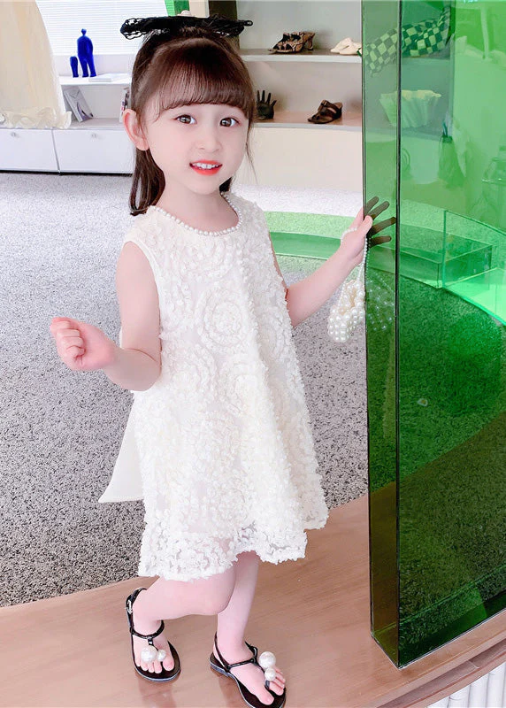 Handmade White Pearl Patchwork Floral Solid Cotton Kids Mid Dresses Summer - Image 2