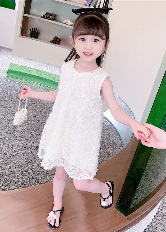 Handmade White Pearl Patchwork Floral Solid Cotton Kids Mid Dresses Summer - Image 3