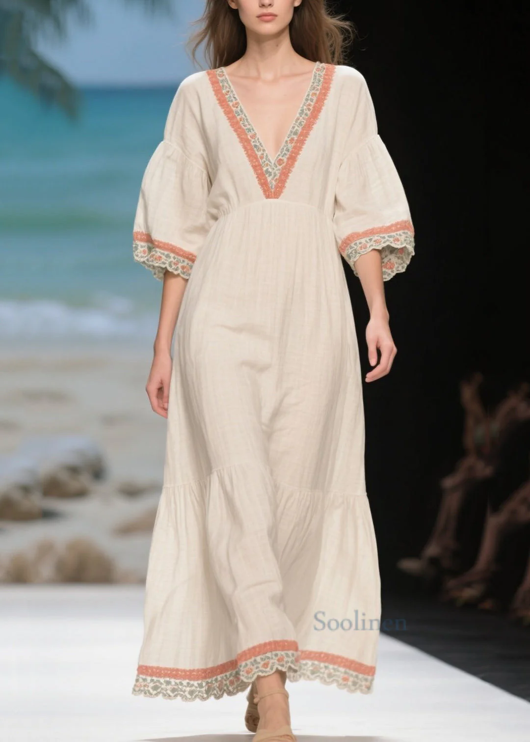 Handmade White Puff Sleeve Patchwork Linen Long Dress - Image 5