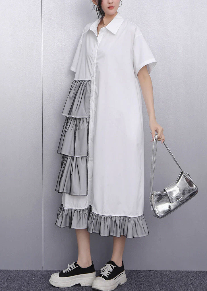 Handmade White Ruffled Patchwork Maxi Dress Short Sleeve - Image 3