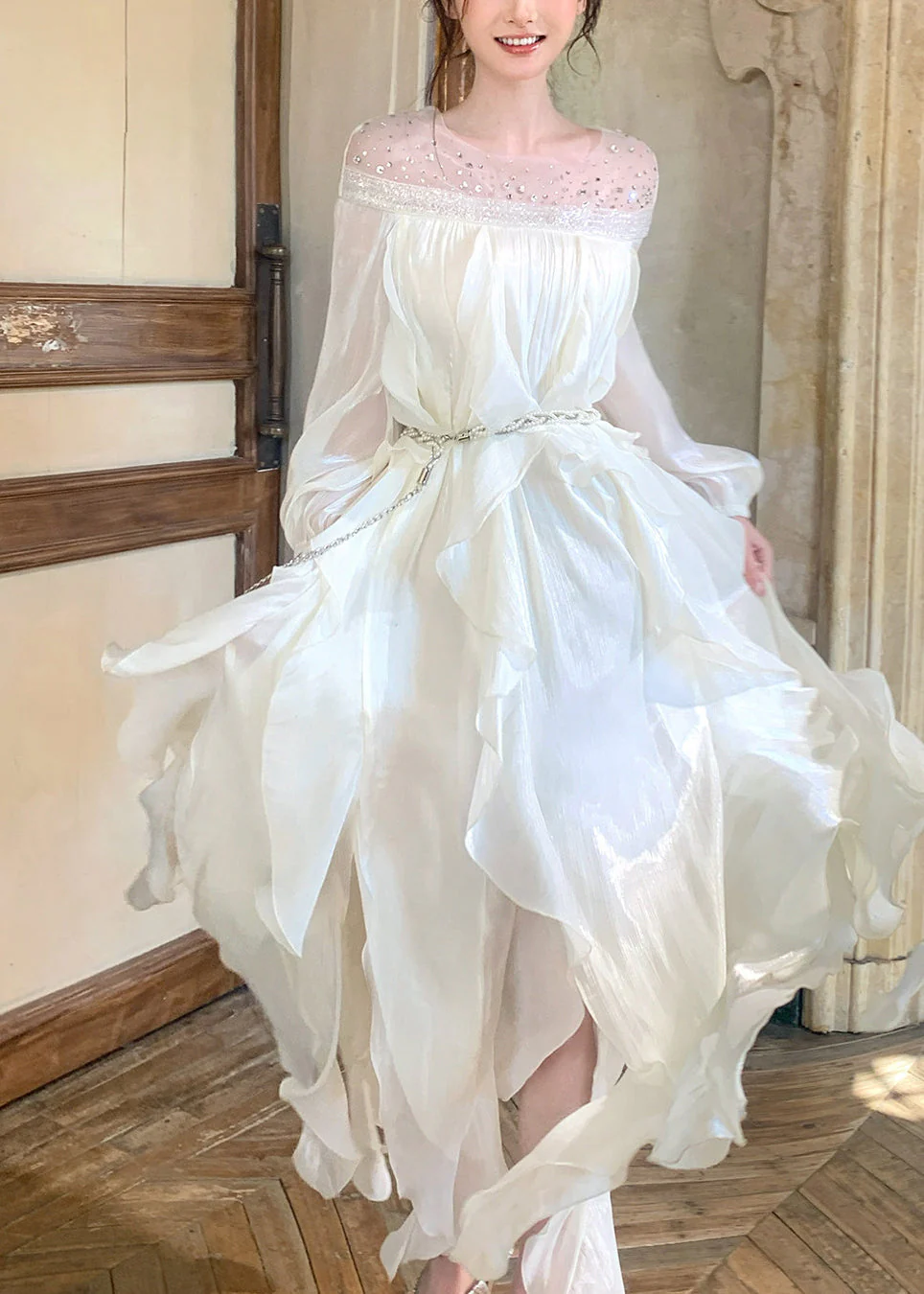 Handmade White Sequins Slash Neck Chiffon Dresses Summer - Image 2