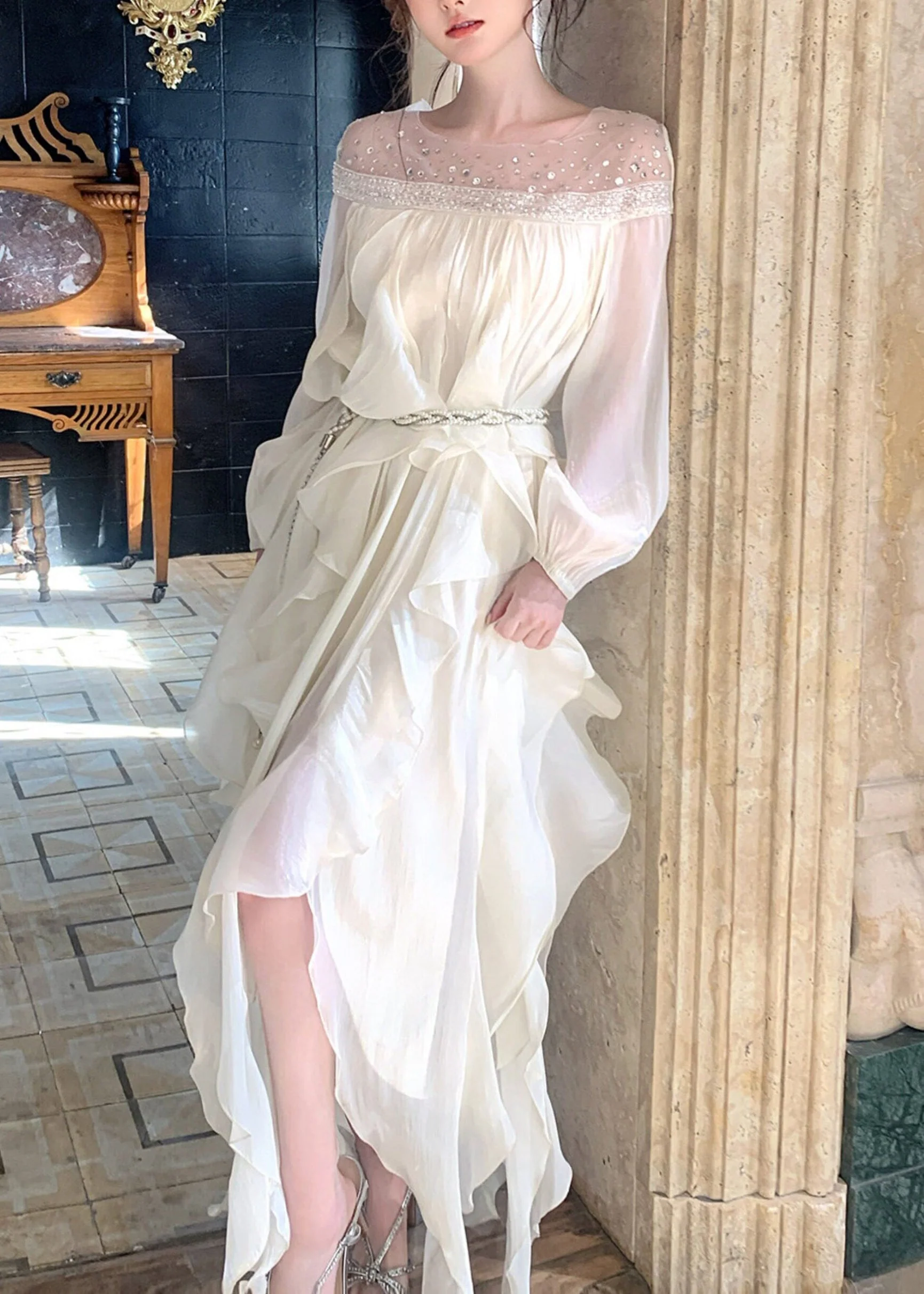 Handmade White Sequins Slash Neck Chiffon Dresses Summer - Image 3