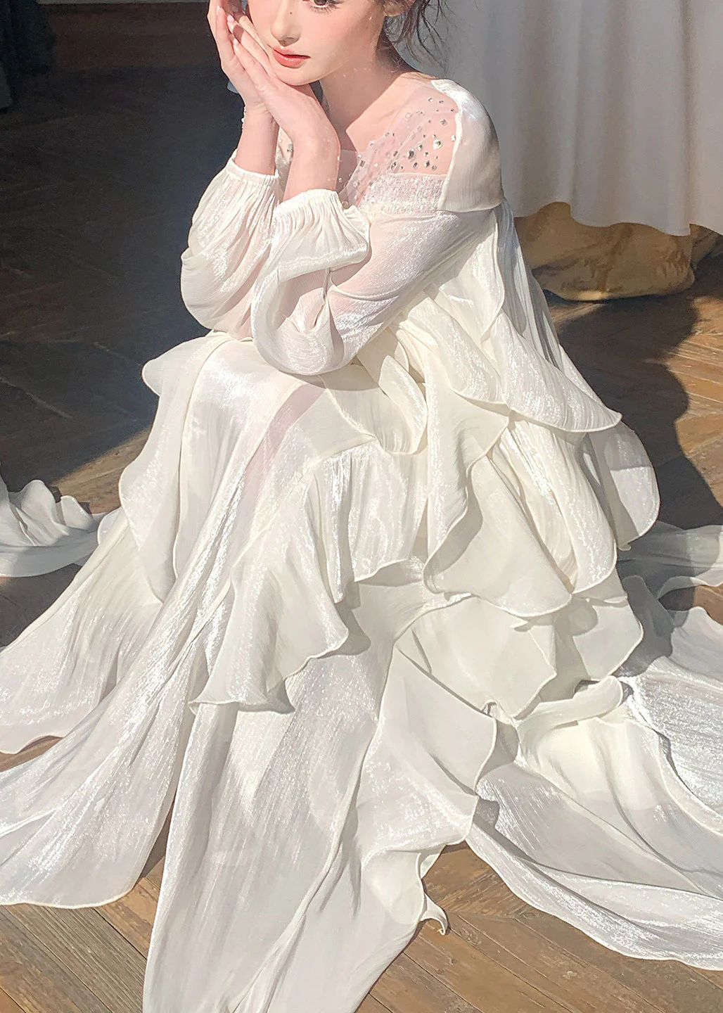 Handmade White Sequins Slash Neck Chiffon Dresses Summer - Image 4