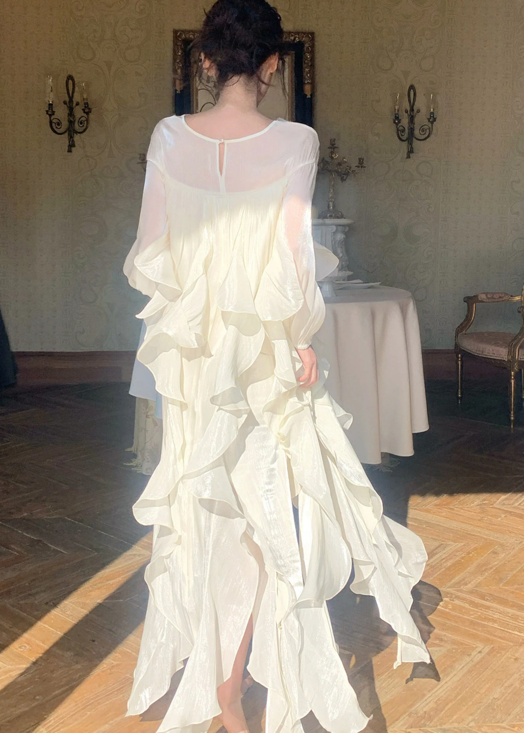 Handmade White Sequins Slash Neck Chiffon Dresses Summer - Image 5
