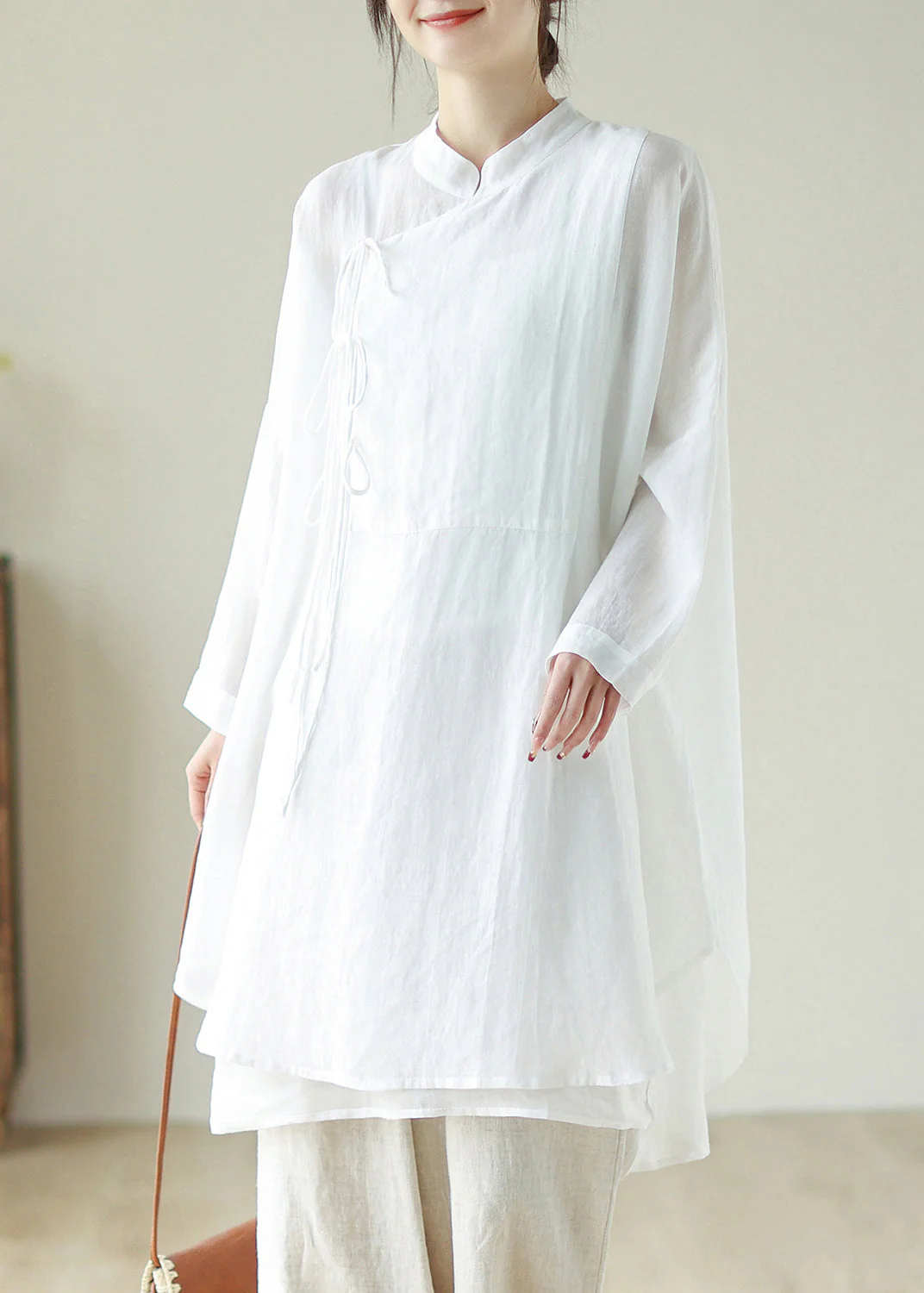 Handmade White Stand Collar Tie Waist Low High Design Long Dress Long Sleeve - Image 2