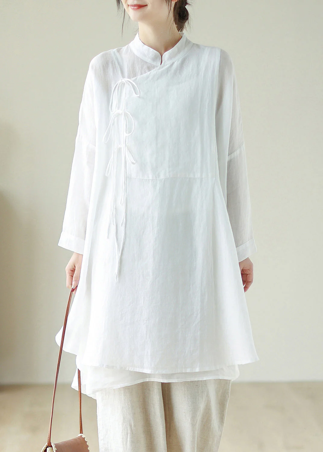 Handmade White Stand Collar Tie Waist Low High Design Long Dress Long Sleeve - Image 3