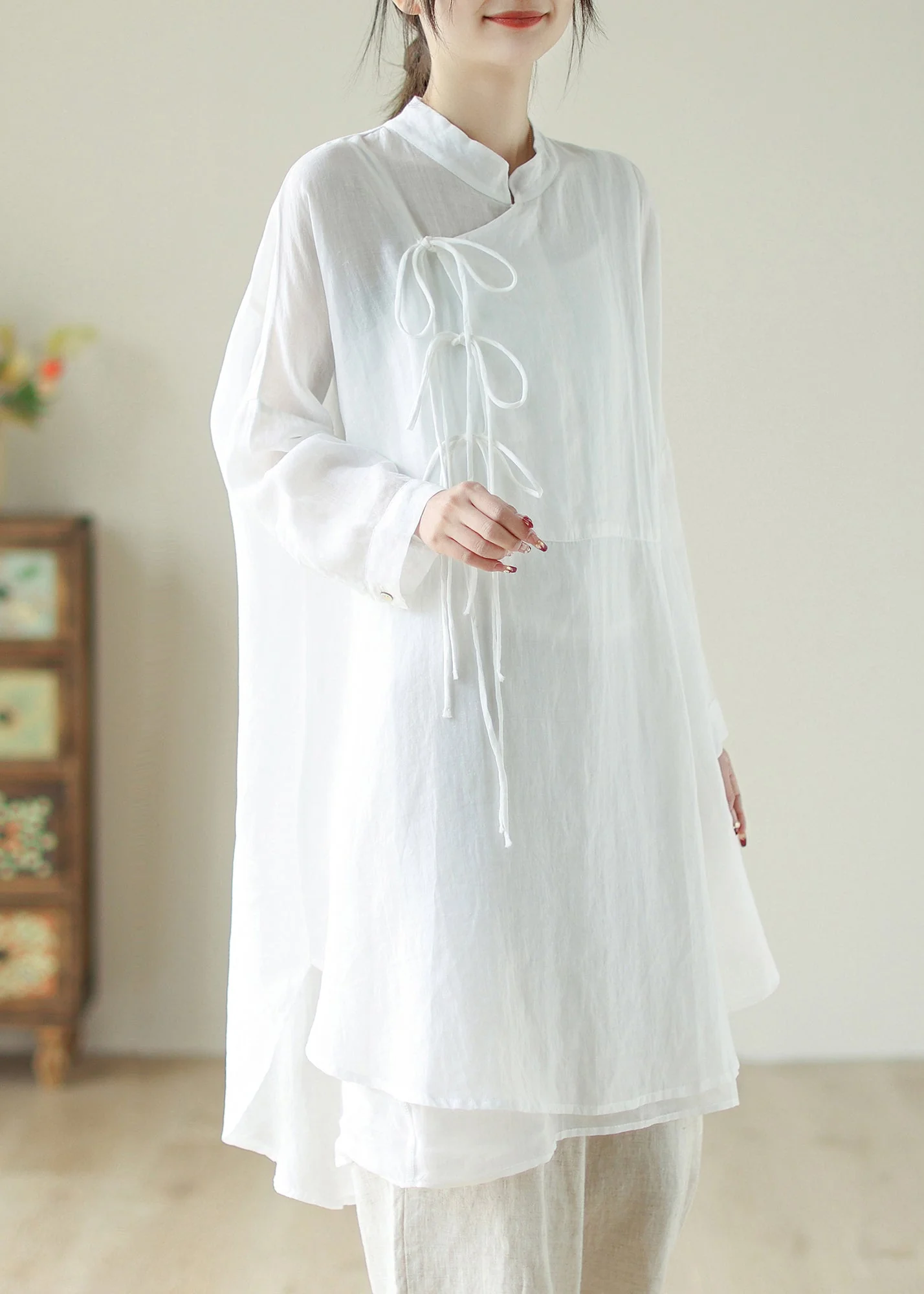 Handmade White Stand Collar Tie Waist Low High Design Long Dress Long Sleeve - Image 4