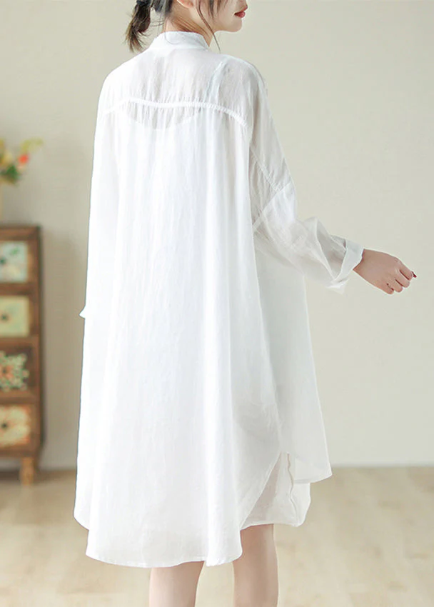 Handmade White Stand Collar Tie Waist Low High Design Long Dress Long Sleeve - Image 5