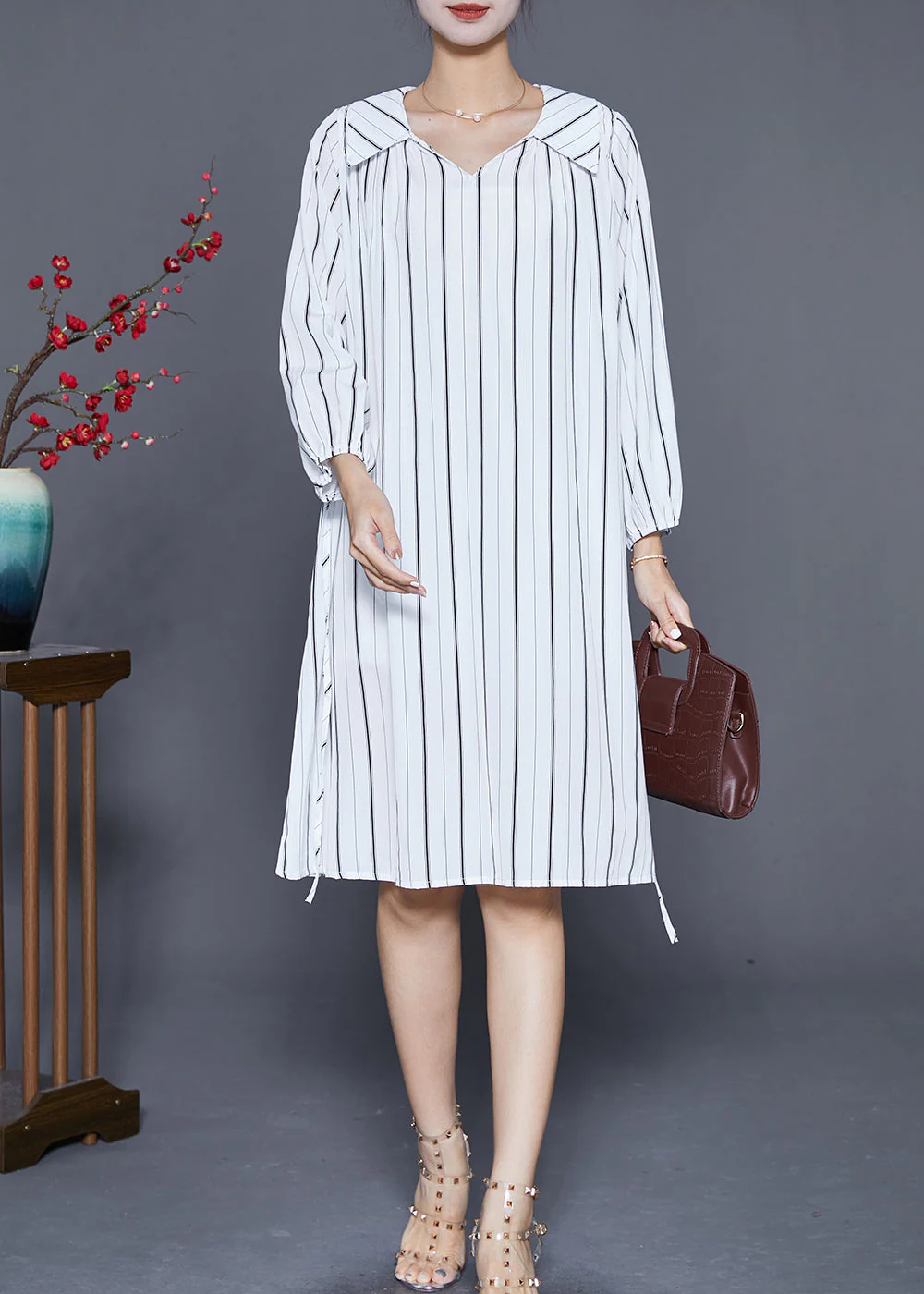 Handmade White Striped Tie Waist Cotton Shirt Dresses Summer - Image 2
