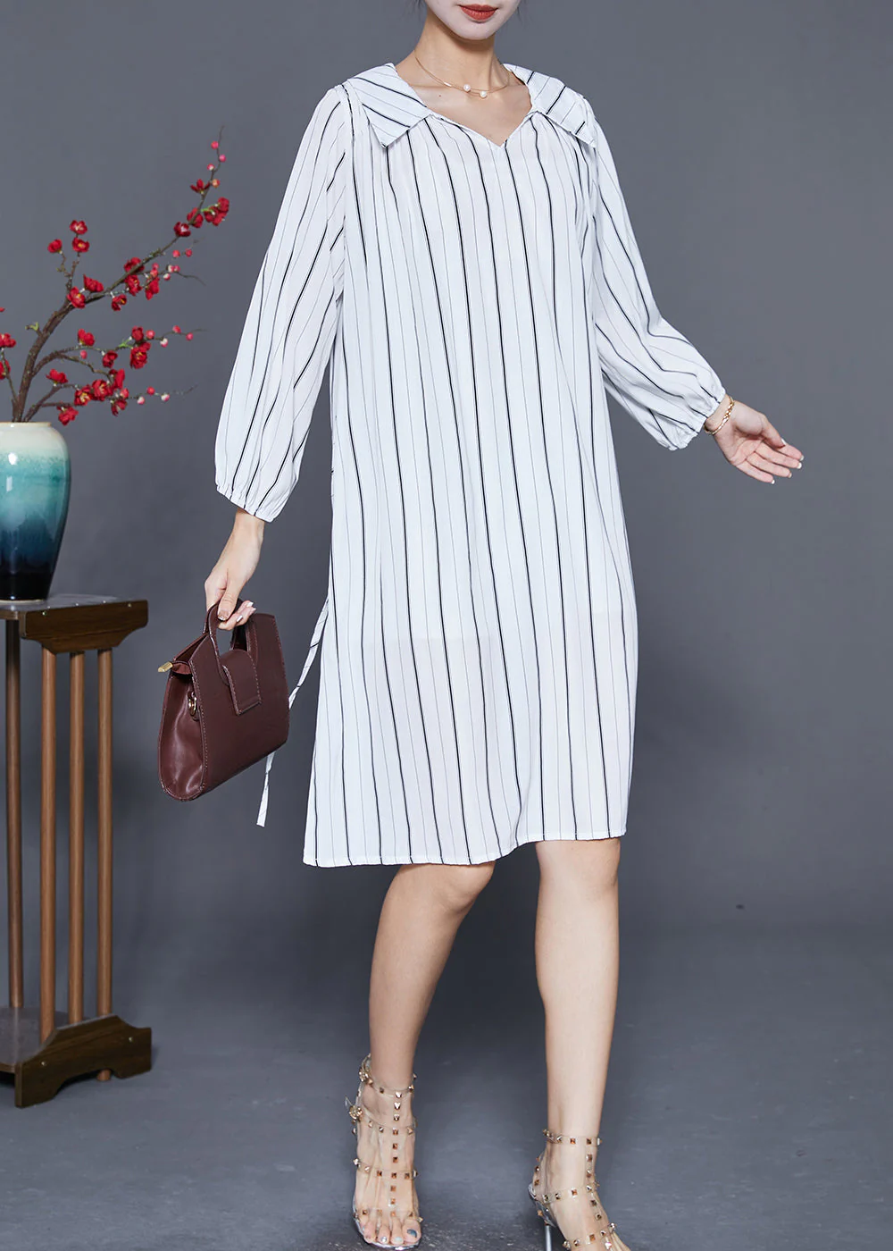 Handmade White Striped Tie Waist Cotton Shirt Dresses Summer - Image 3