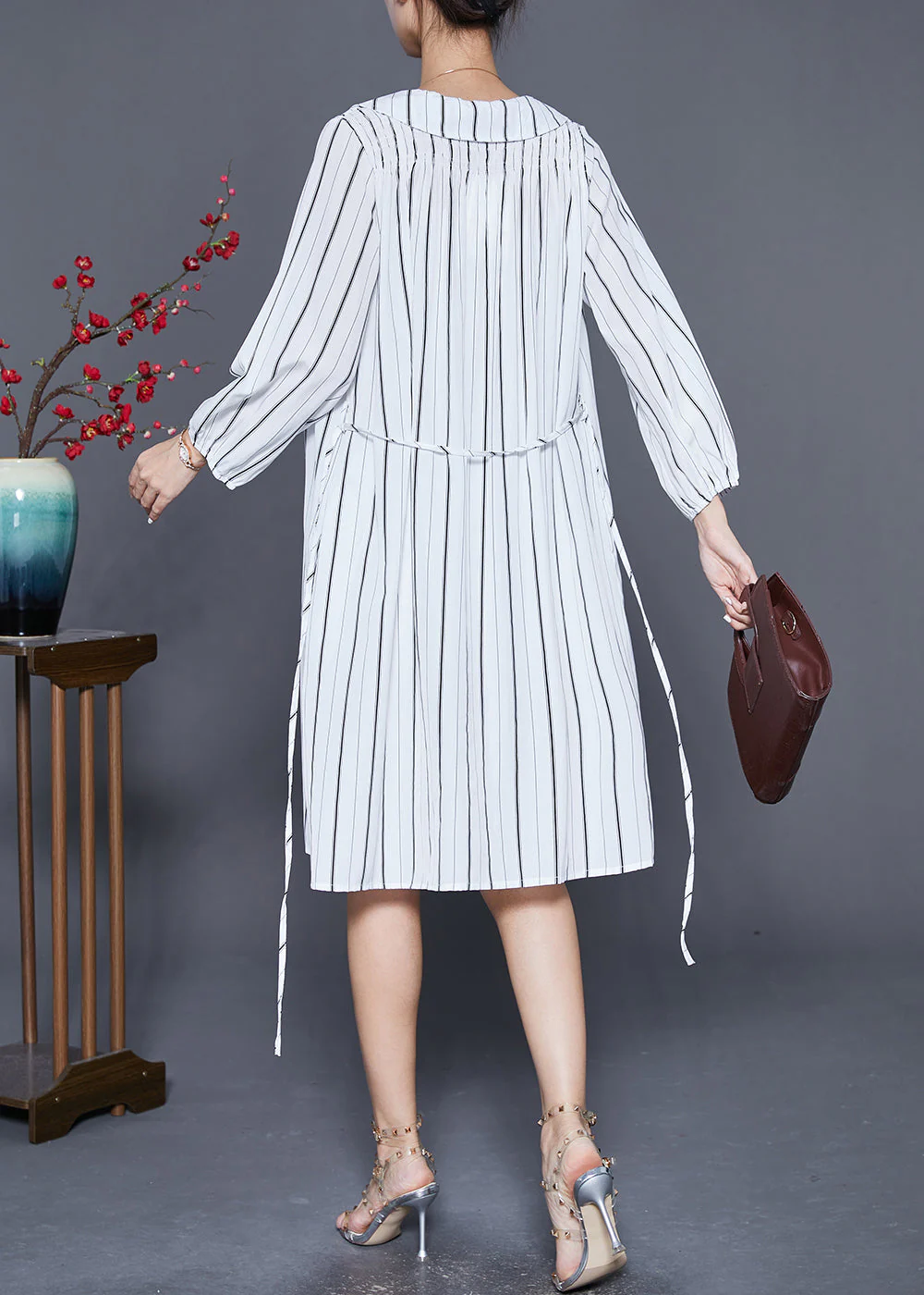 Handmade White Striped Tie Waist Cotton Shirt Dresses Summer - Image 4