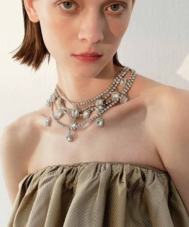 Handmade White Zircon Double Tier Adjustable Silver Plated Choker - Image 2