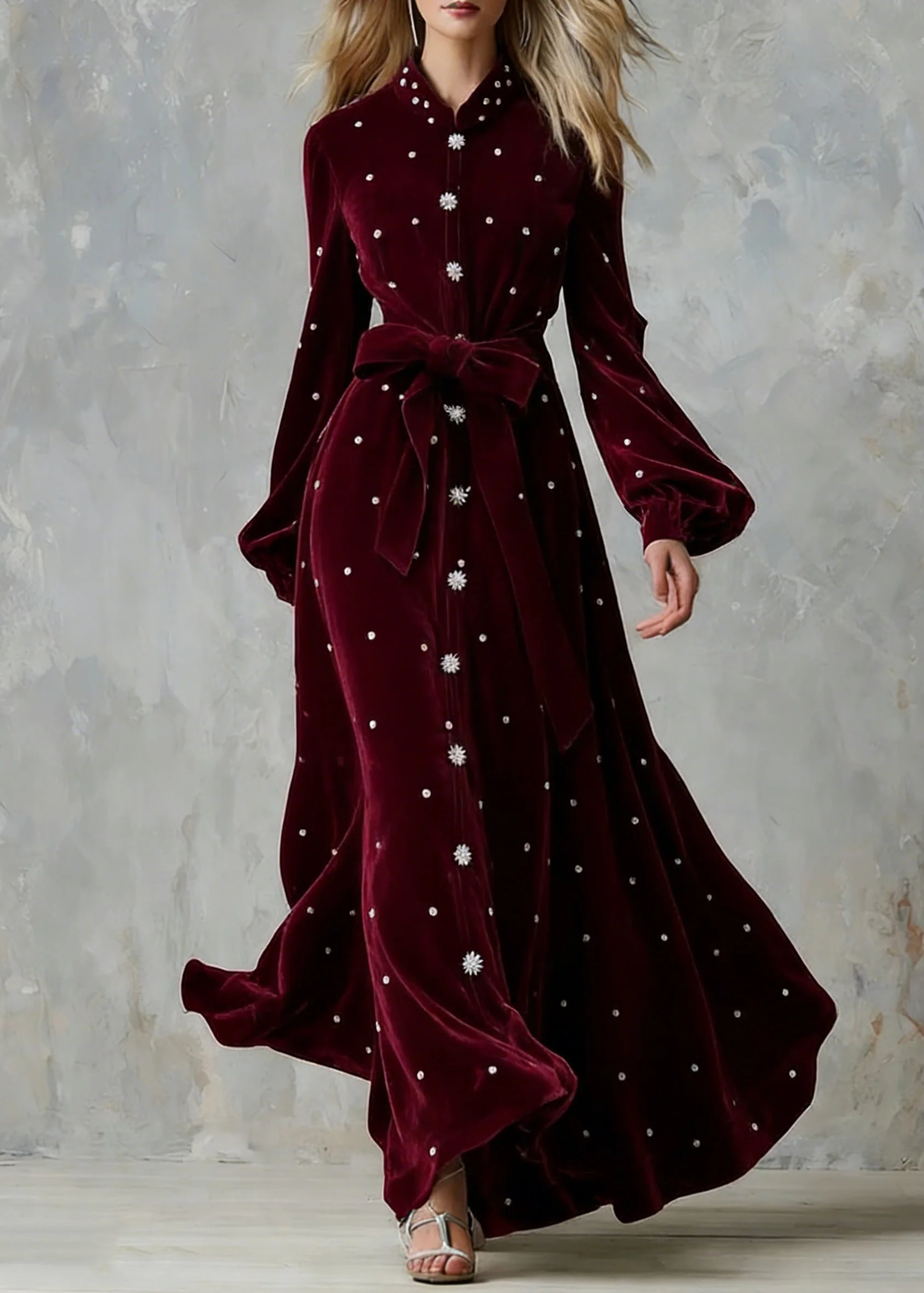 Handmade Wine Red Zircon Tie Waist Silk Velvet Maxi Dresses - Image 3
