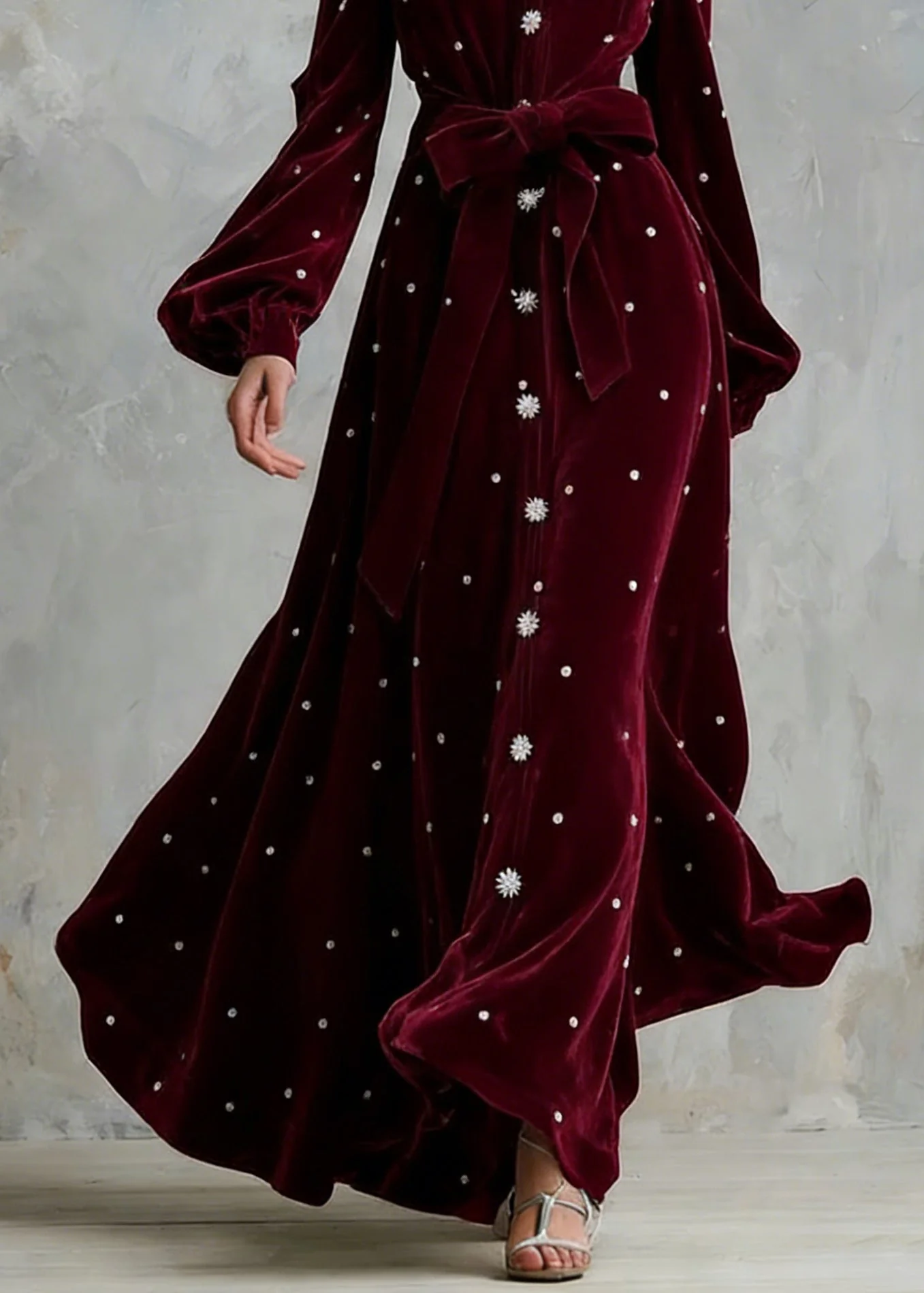 Handmade Wine Red Zircon Tie Waist Silk Velvet Maxi Dresses - Image 4