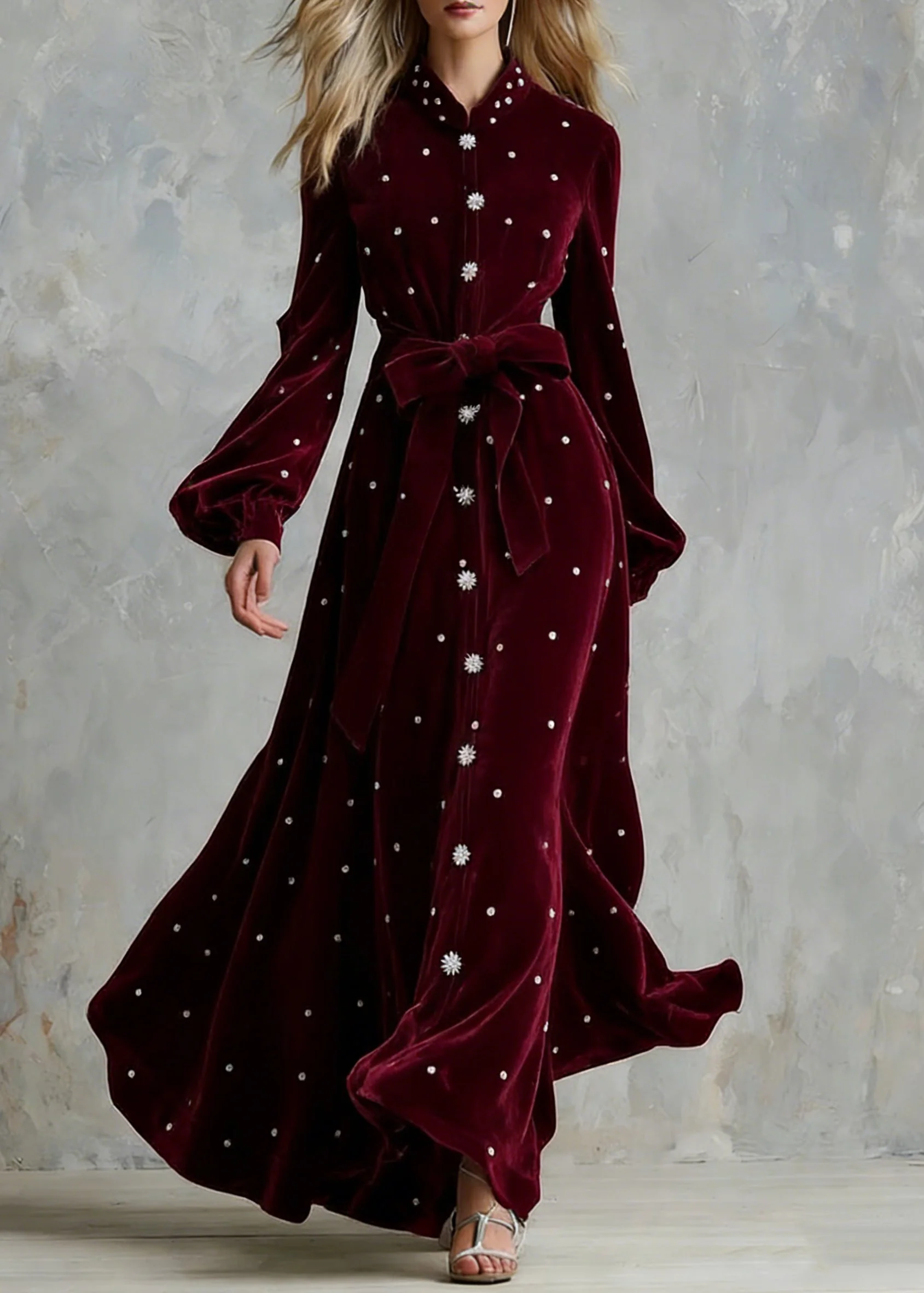 Handmade Wine Red Zircon Tie Waist Silk Velvet Maxi Dresses - Image 5
