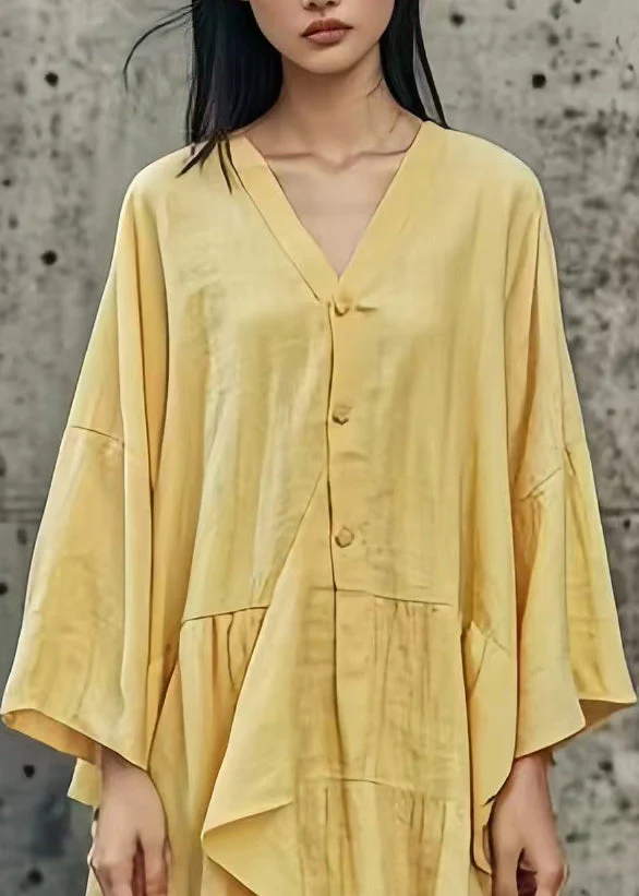 Handmade Yellow Asymmetrical Patchwork Cotton Mid Dress Summer - Image 2