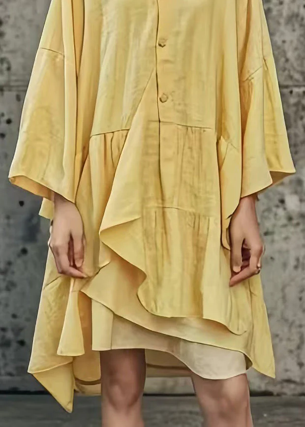 Handmade Yellow Asymmetrical Patchwork Cotton Mid Dress Summer - Image 4