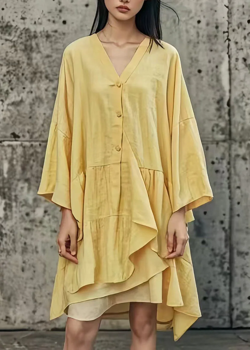 Handmade Yellow Asymmetrical Patchwork Cotton Mid Dress Summer - Image 5