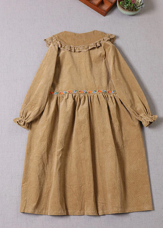 Handmade Yellow Embroideried drawstring Corduroy Maxi Dress Winter - Image 2