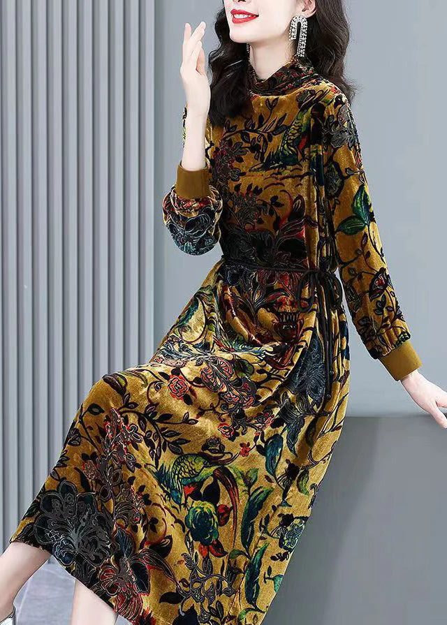 Handmade Yellow Hign Neck Print Velour Long Dresses Fall - Image 2