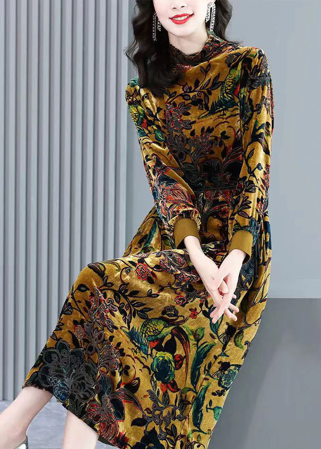 Handmade Yellow Hign Neck Print Velour Long Dresses Fall - Image 3