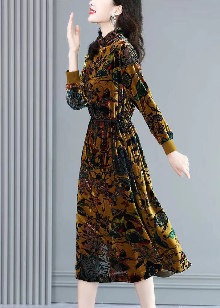 Handmade Yellow Hign Neck Print Velour Long Dresses Fall - Image 4