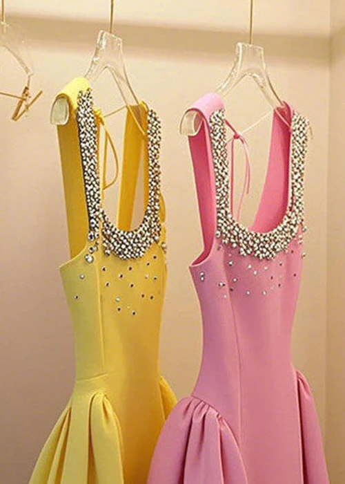 Handmade Yellow Nail Bead Lace Up Patchwork Mid Dress Sleeveless - Image 3